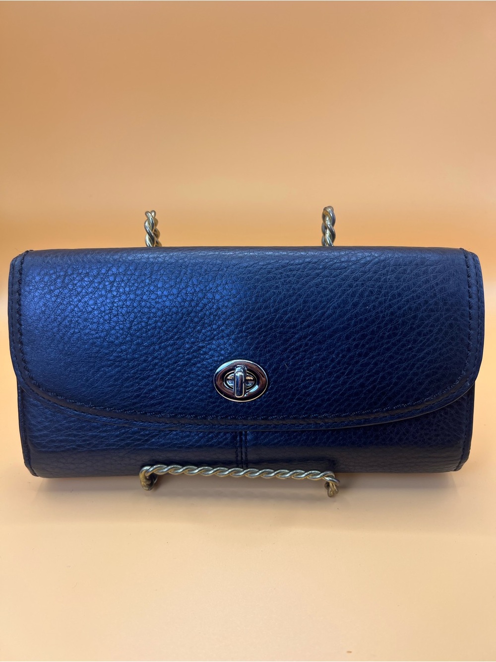 COACH Vintage Black Pebbled Leather Turnlock Chain Wallet Clutch Bag FAIR